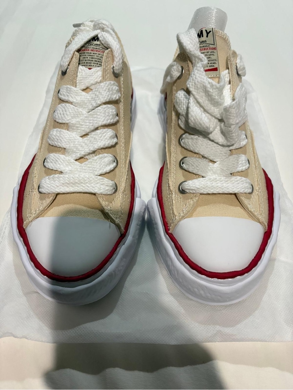 Miharayasuhiro Beige Canvas Sneakers with Red Trim and White Toe